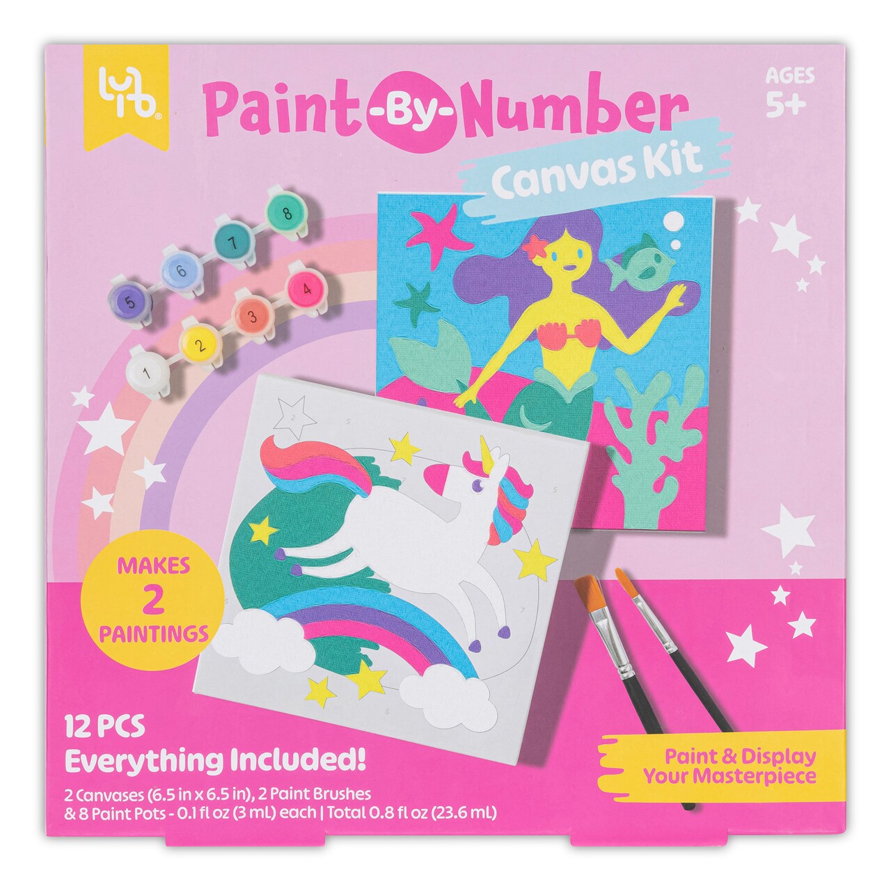Little Yellow Bicycle: Unicorn & Mermaid Paint-By-Number Canvas Kit - All-In-1 Art Set, Magical Paintings, 8 Non-Toxic Paint Pots, 2 Brushes, Kids 5+